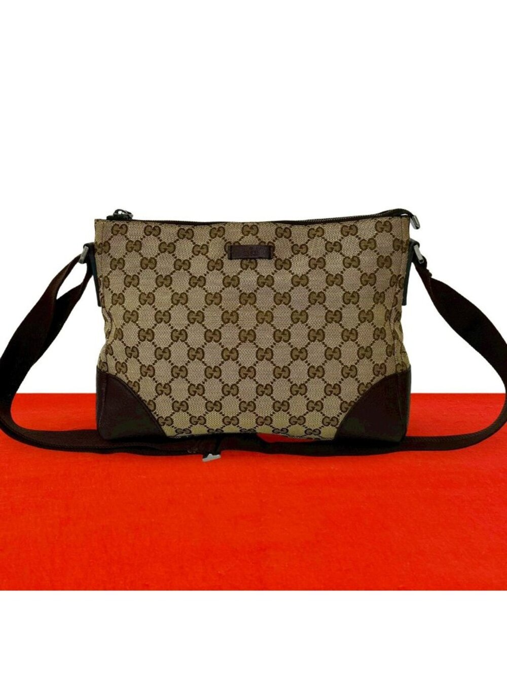 Gucci GG Canvas Pattern Logo Shoulder Bag Pochette Crossbody Brown